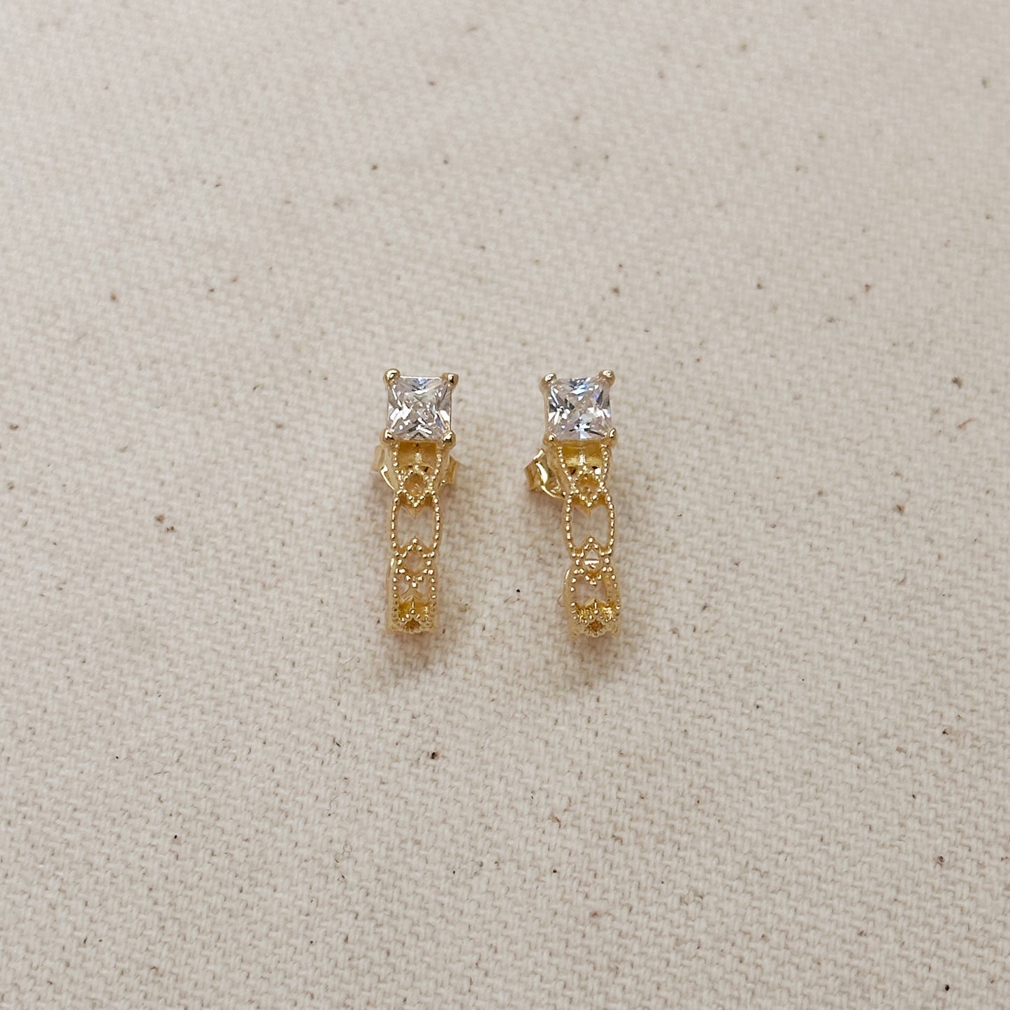 18k Gold Filled Vintage Princess Cut CZ Detailed C-Hoop Earrings
