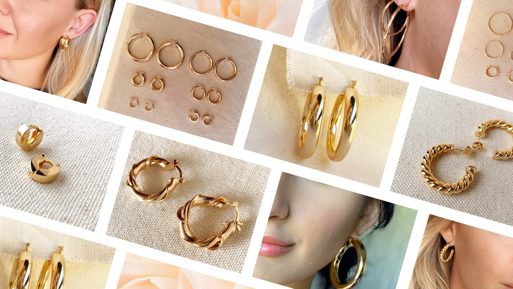 A video with a collage of gold filled and gold plated hoop earrings and huggies.
