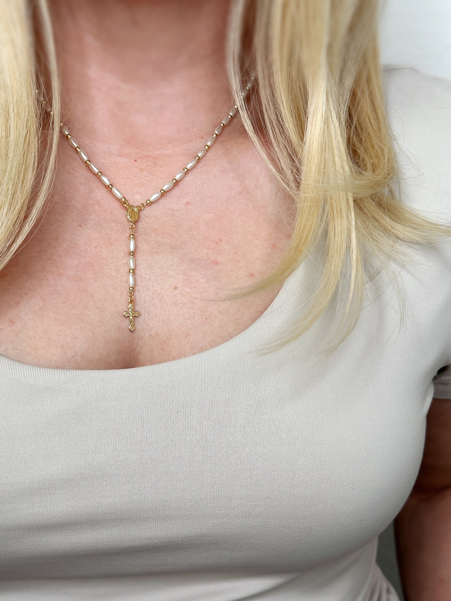 18k Gold Filled Pearl Rosary Necklace