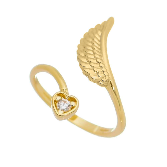 GoldFi 18k Gold Filled Adjustable Open Boho Ring Featuring Heart With Cubic Zirconia And Wing Making