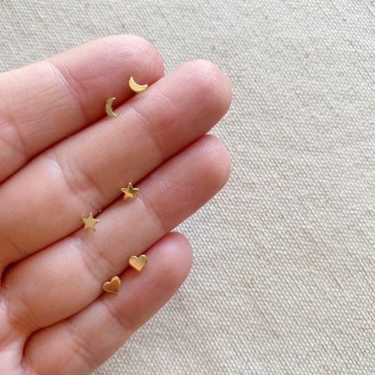 GoldFi 18k Gold Filled Dainty Earrings Trio Star, Moon And Heart Studs