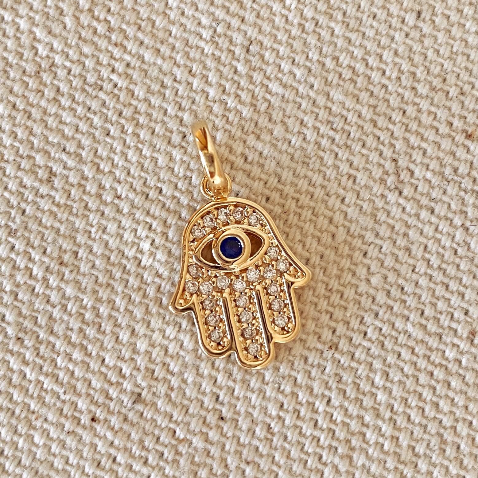 18k Gold Filled Evil Eye Hamsa Charm Featuring Cubic Zirconia
