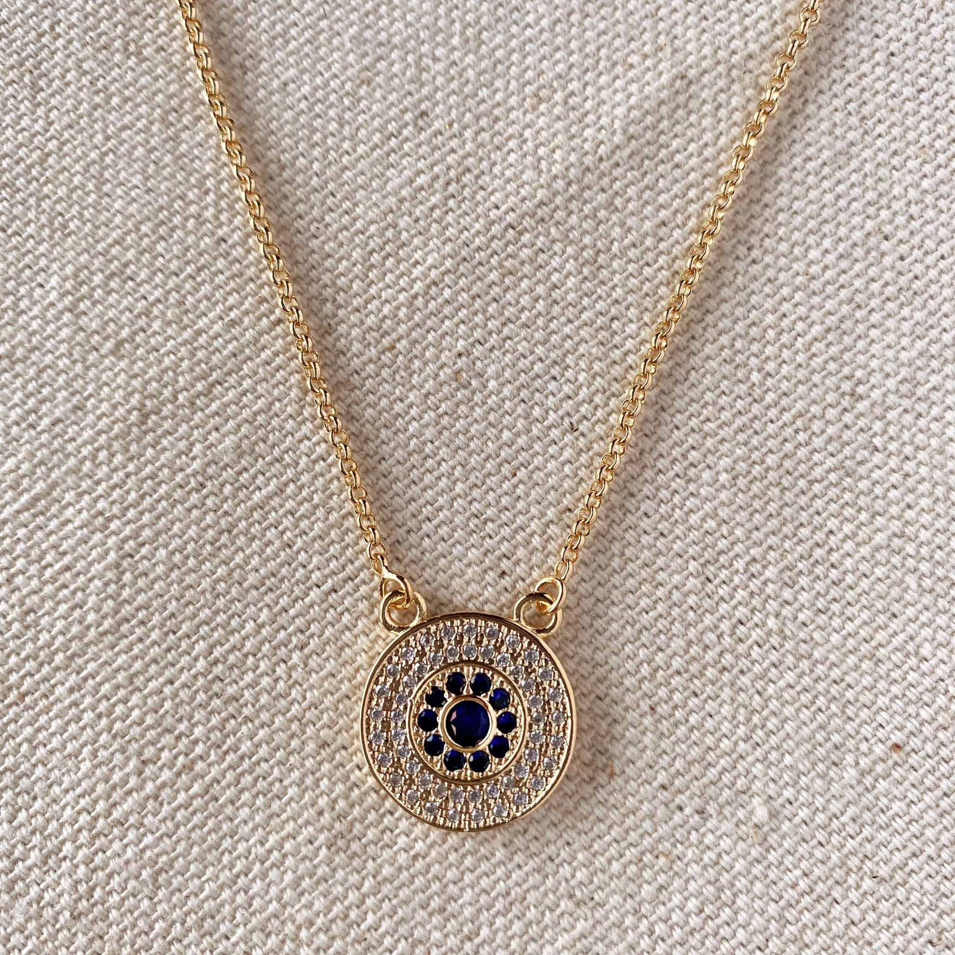 GoldFi 18k Gold Filled Round Evil Eye Necklace Featuring Detail In Cubic Zirconia