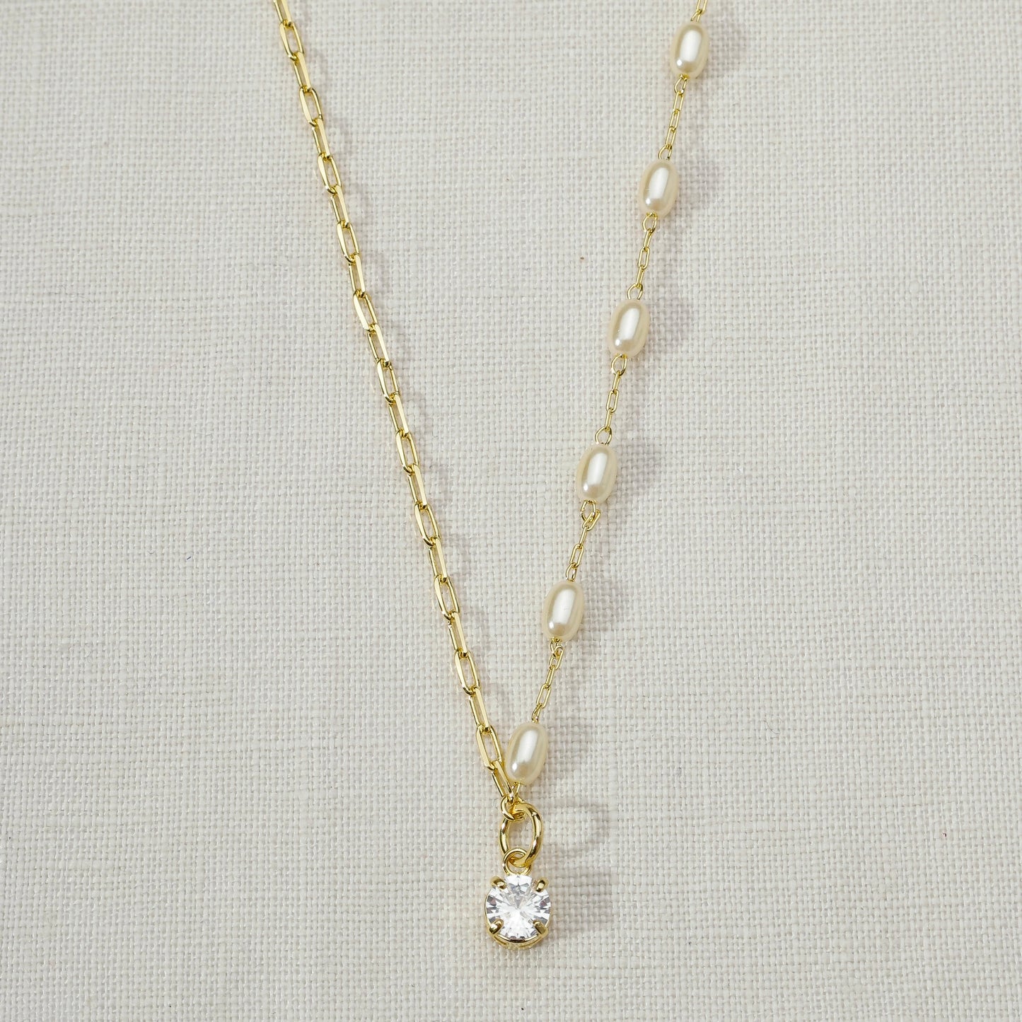 18k Gold Filled Oval Shaped Pearl Necklace With Cubic Zirconia Stone Charm