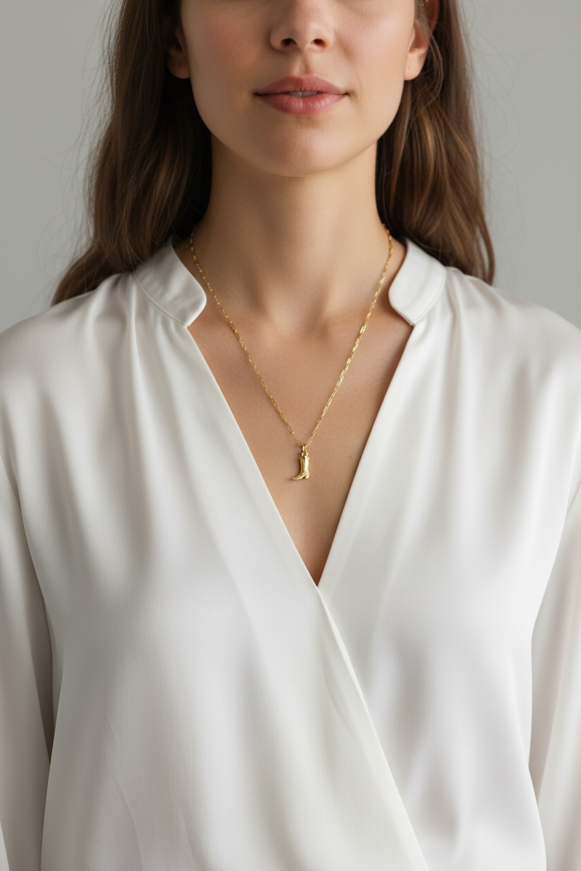 Woman wearing a gold necklace with a plain background