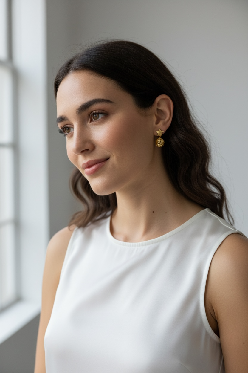 18k Gold Filled Hollow Ball & Star Dangling Earrings