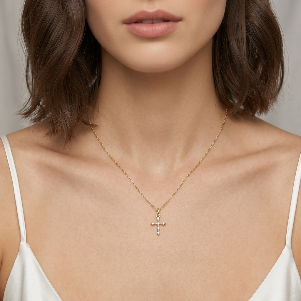Woman wearing a gold necklace with a cross pendant against a neutral background