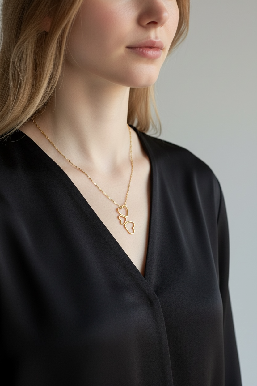 Woman wearing a gold necklace with a subtle design against a neutral background, valentine's gift
