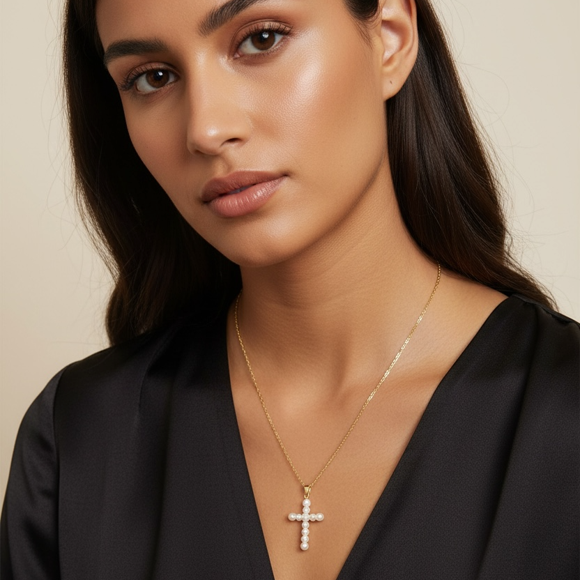 18k Gold Filled Pearl Cross Pendant