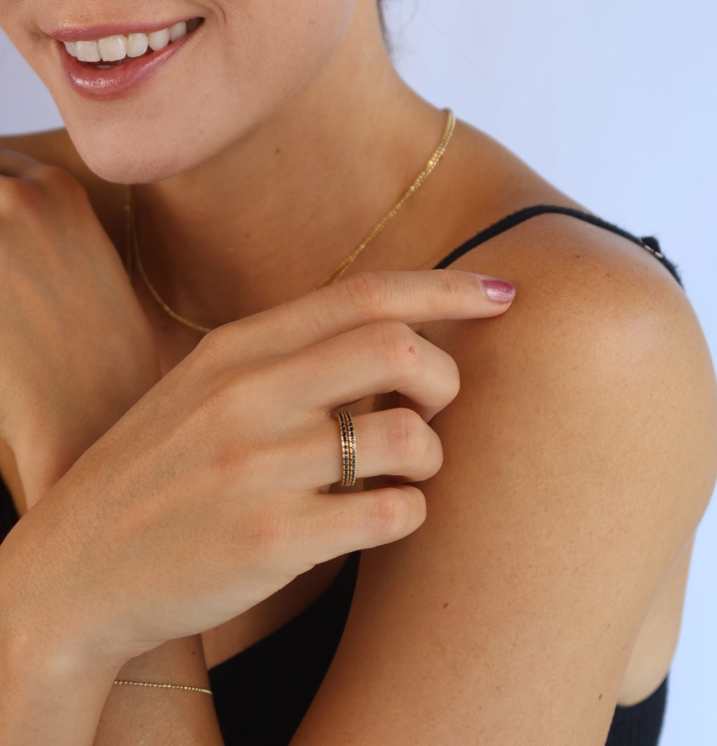 18k Gold Filled Diamond Color Eternity Micro Cubic Zirconia Stone Ring - Emerald and Black Colors Available