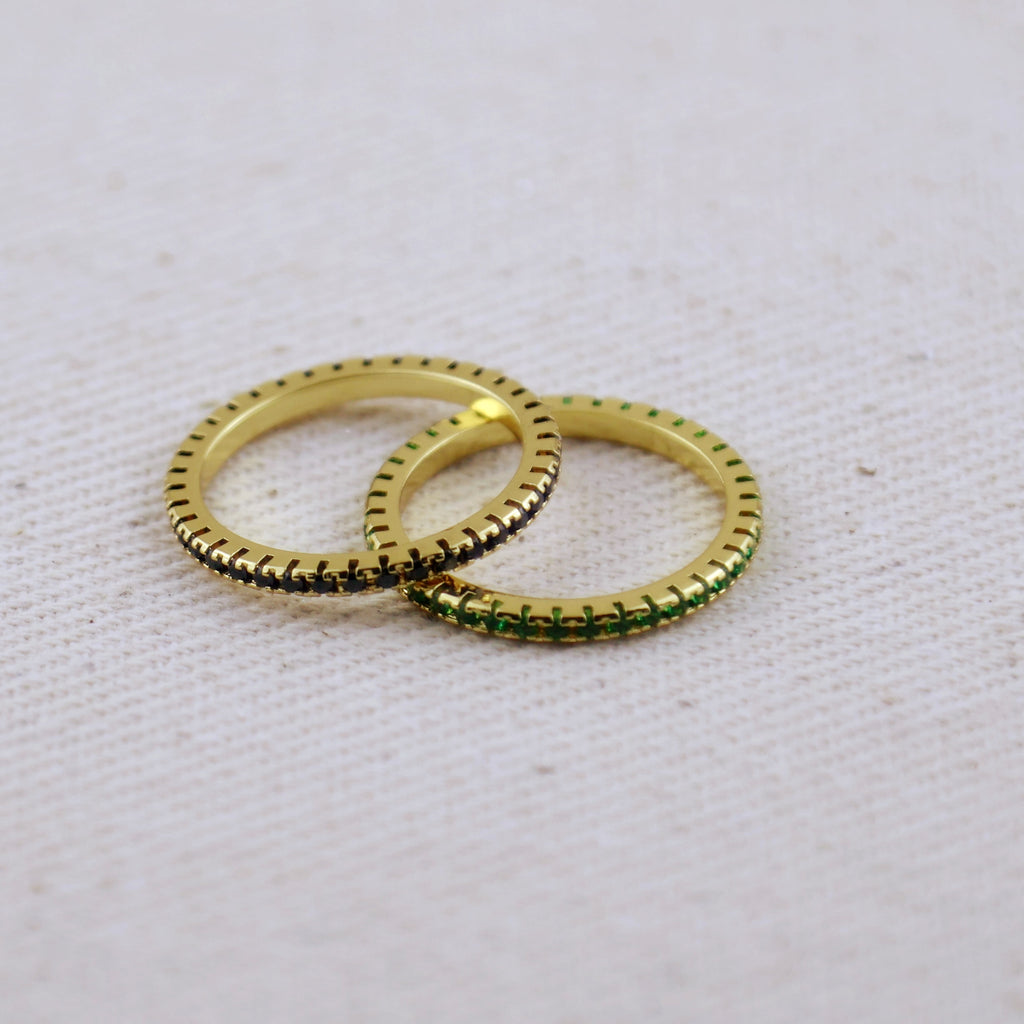 18k Gold Filled Diamond Color Eternity Micro Cubic Zirconia Stone Ring - Emerald and Black Colors Available