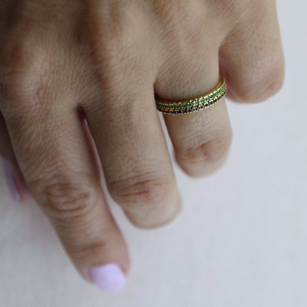 18k Gold Filled Diamond Color Eternity Micro Cubic Zirconia Stone Ring - Emerald and Black Colors Available