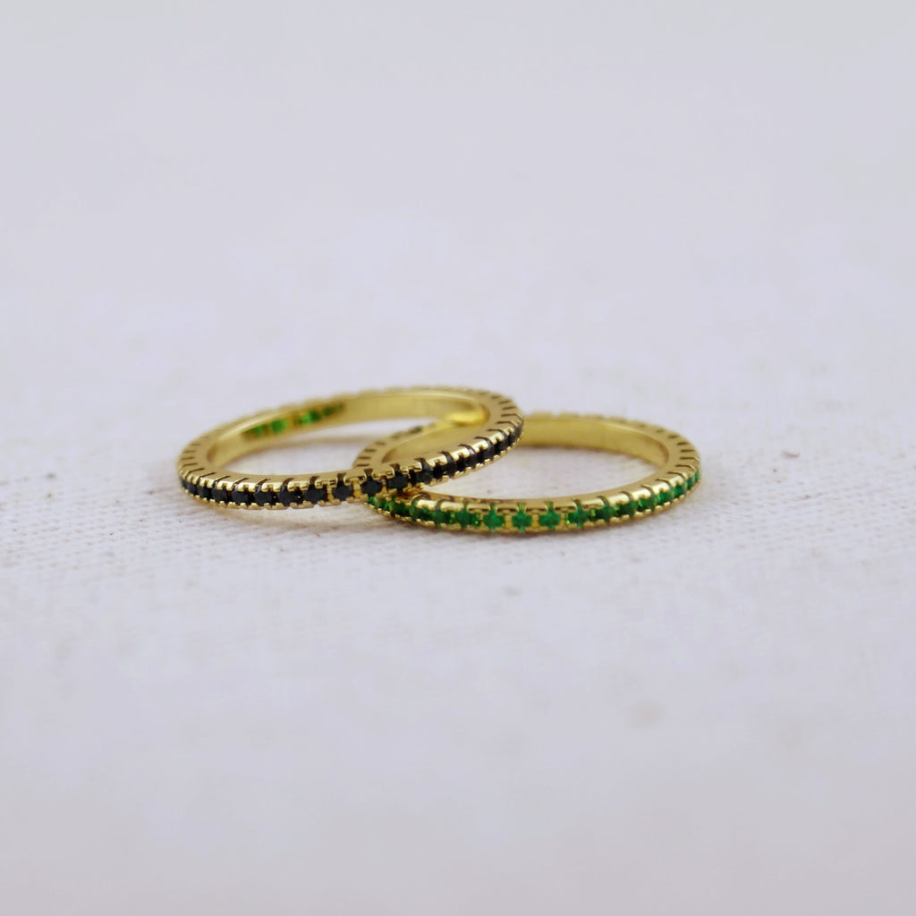 18k Gold Filled Diamond Color Eternity Micro Cubic Zirconia Stone Ring - Emerald and Black Colors Available