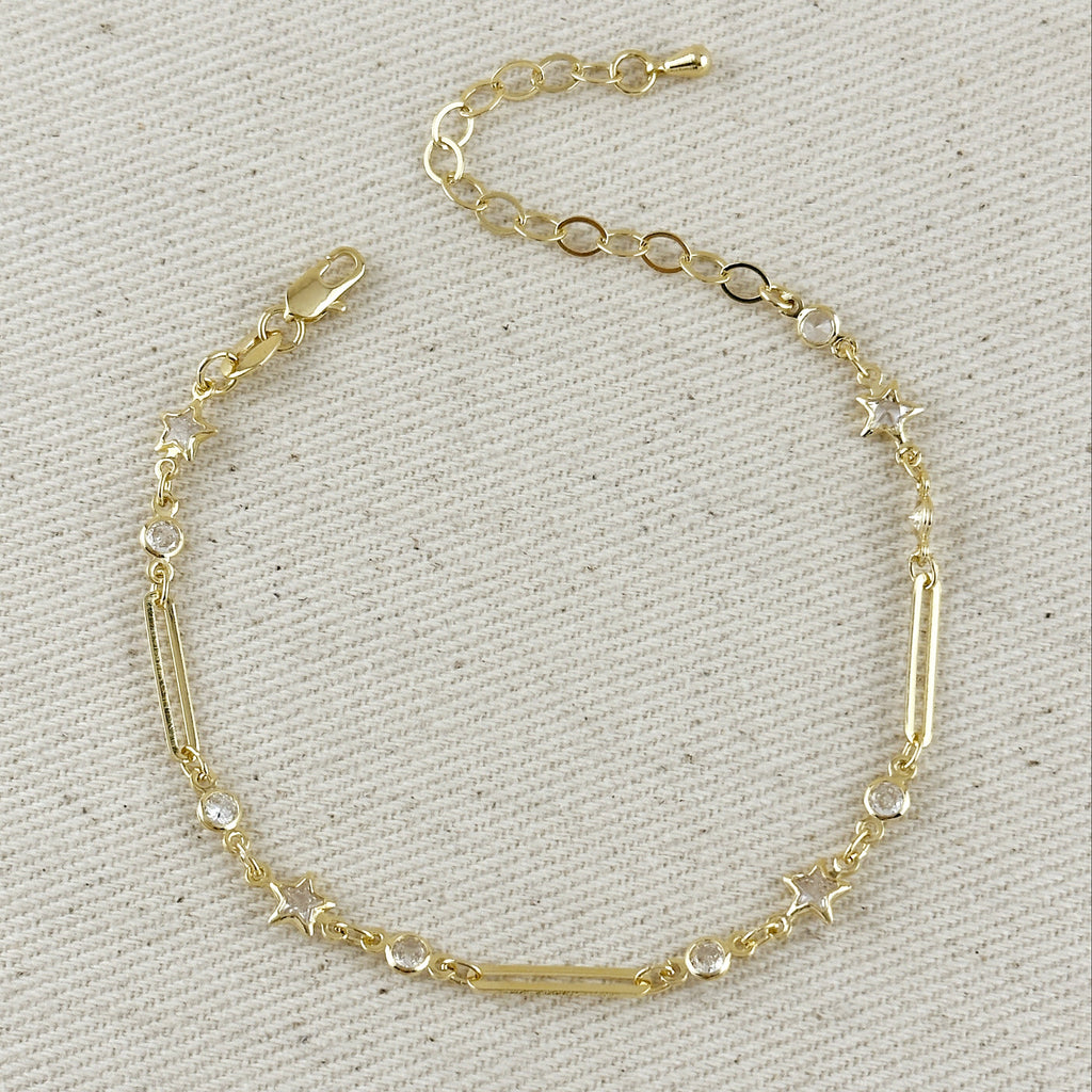 18k Gold Filled Paperclip And Stars CZ Bracelet