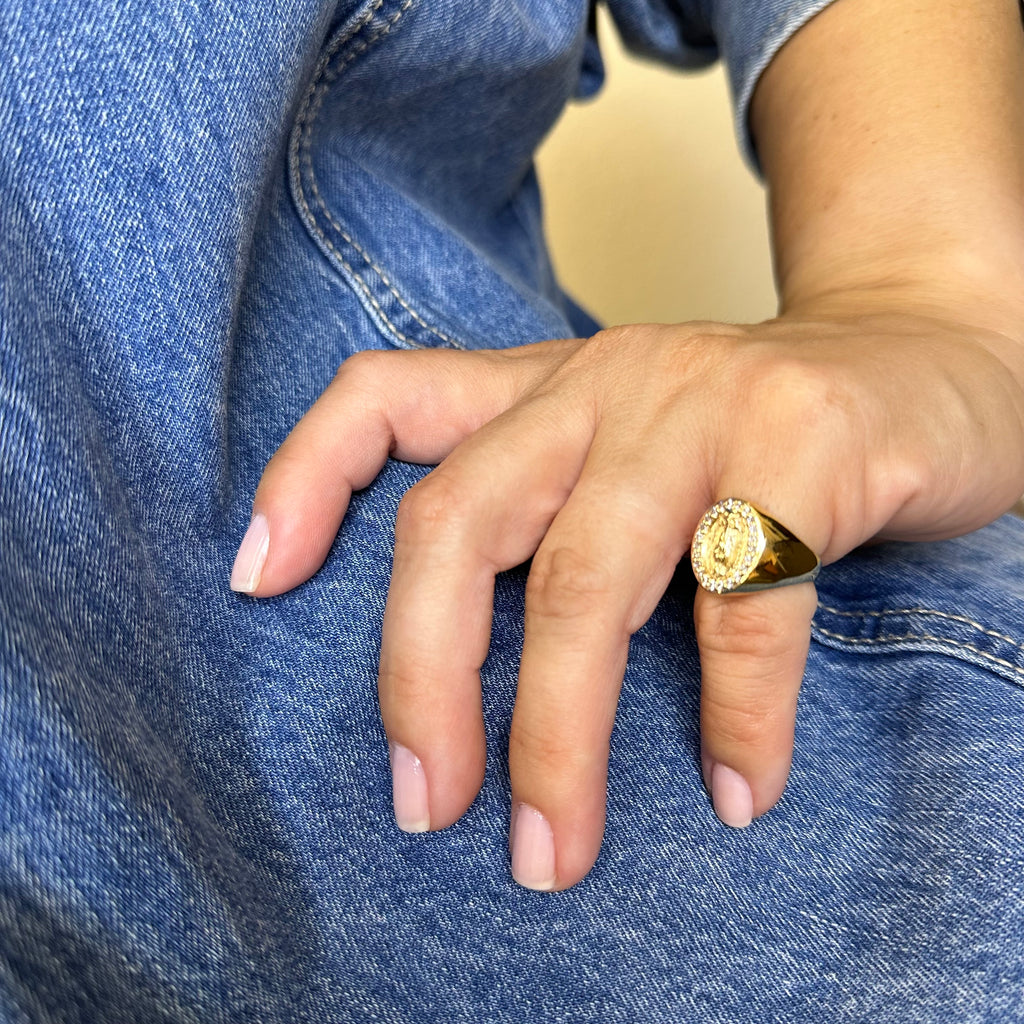 18k Gold Filled Lady Guadalupe CZ Signet Ring