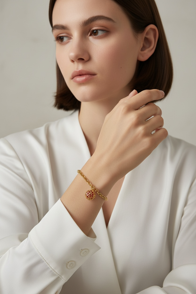 Woman wearing a gold bracelet with a white shirt