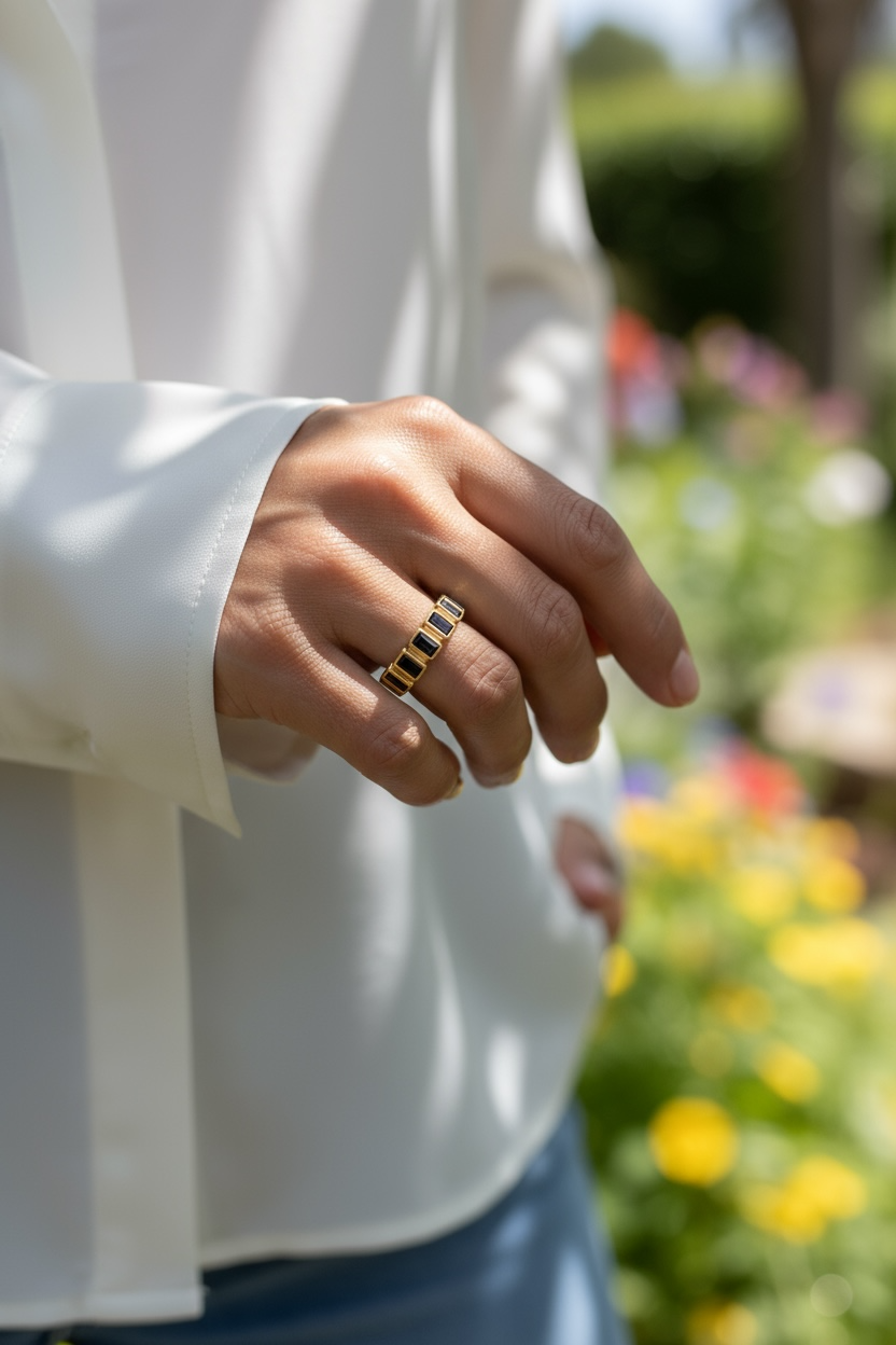 18k Gold Filled Chunky Black Onyx CZ Eternity Band Ring