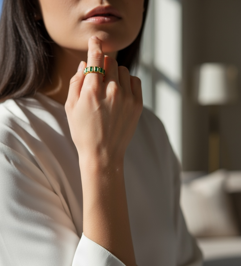 18k Gold Filled Chunky Emerald CZ Eternity Band Ring