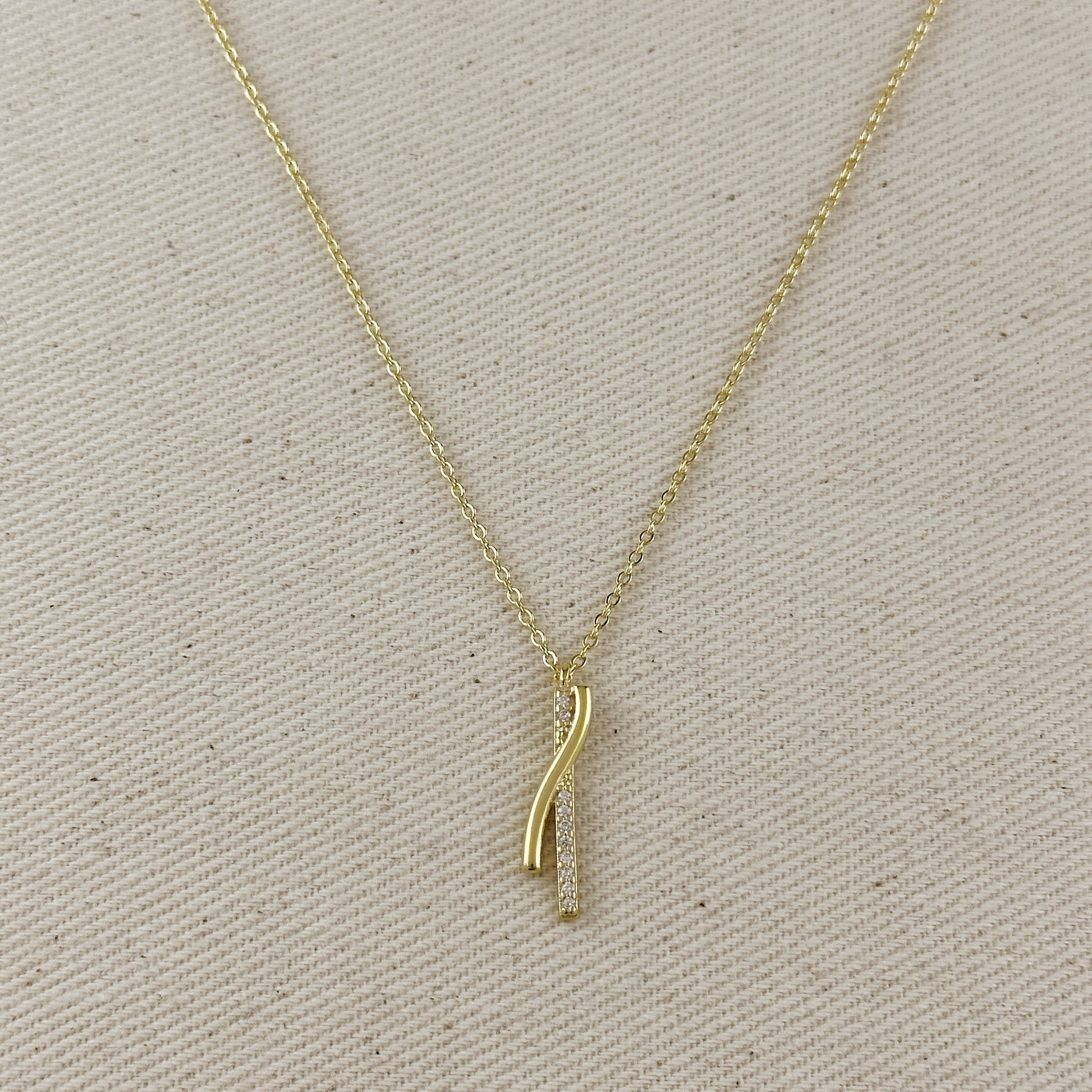 18k Gold Filled Curve Bar CZ Necklace