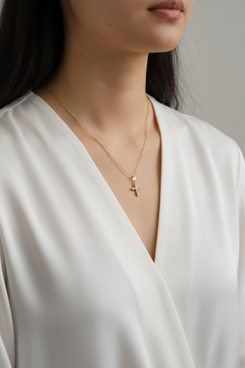 Gold necklace with a pendant worn by a person in a white top against a neutral background