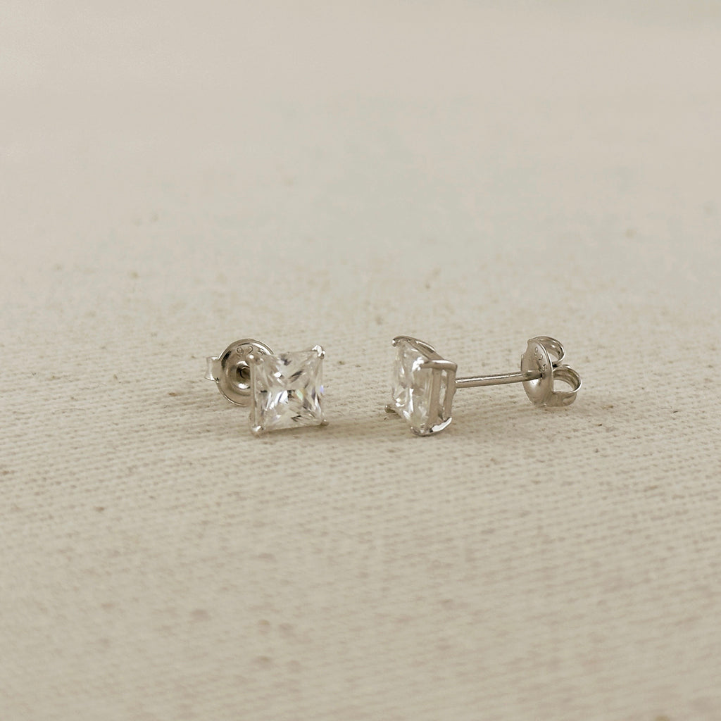 .925 Sterling Silver Rhodium Plated 6.0 mm Princess Cut Moissanite Stud