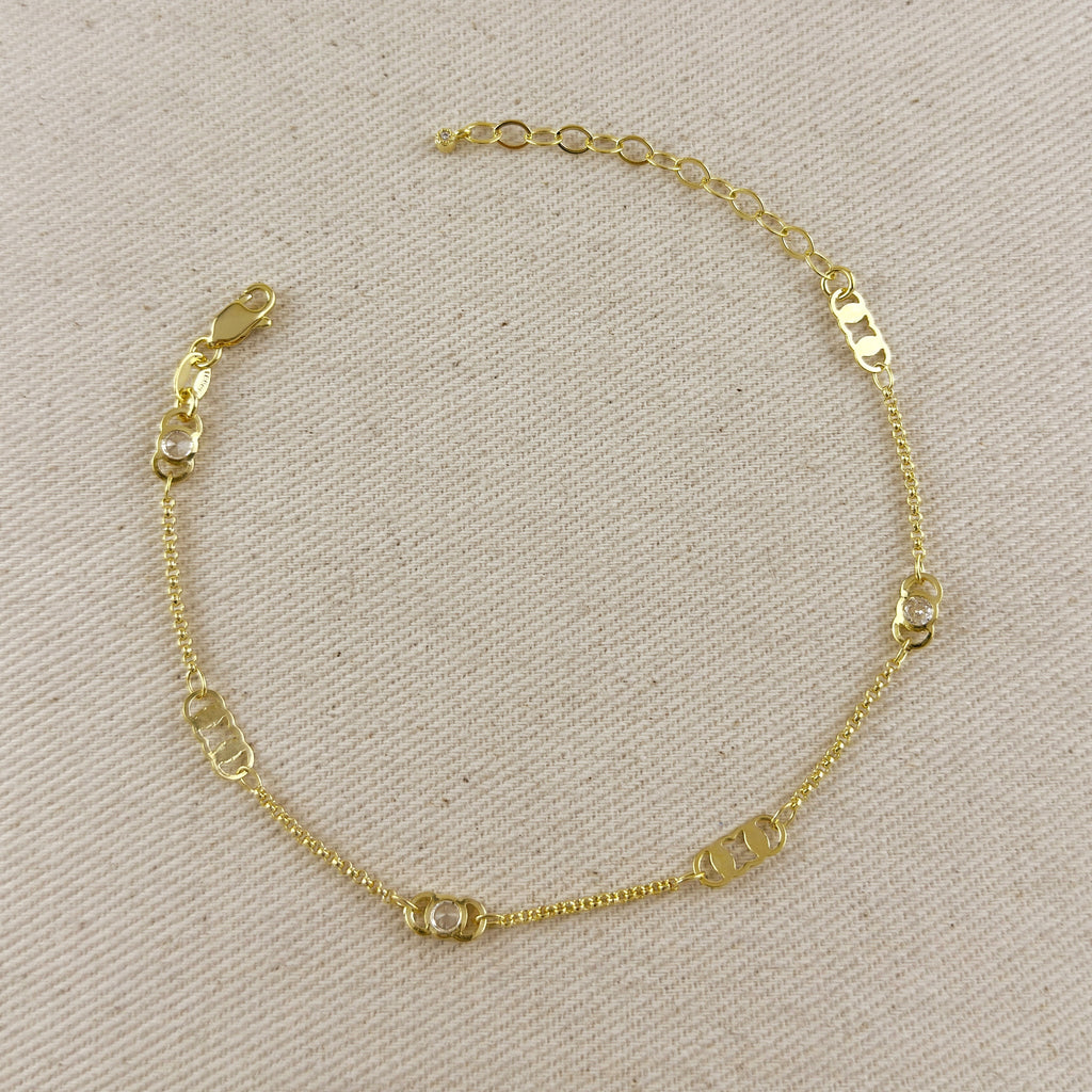 18k Gold Filled Detailed Plate & CZ Anklet