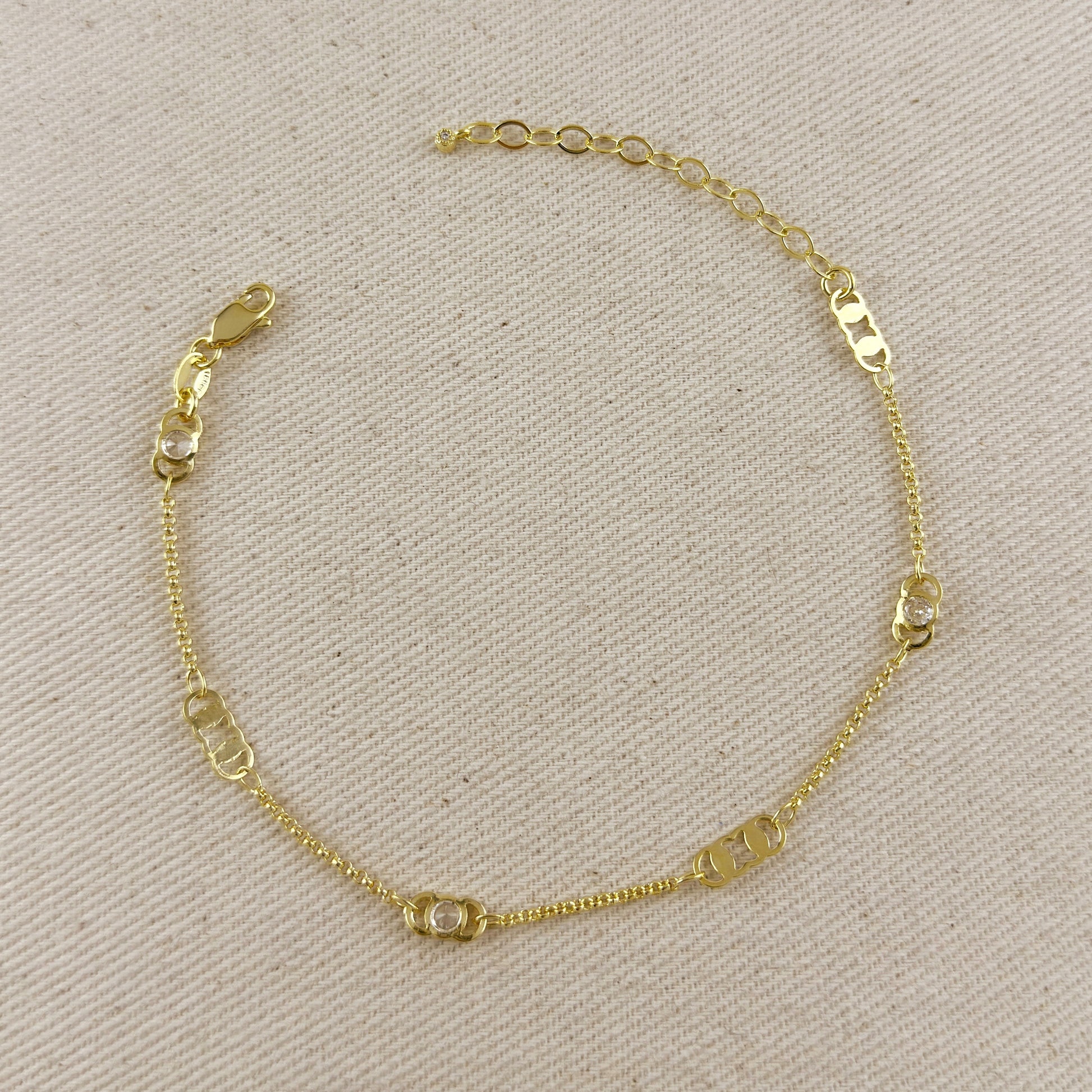 18k Gold Filled Detailed Plate & CZ Anklet