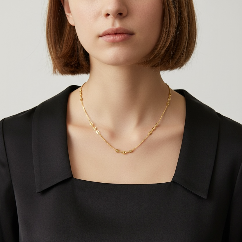 Woman wearing a gold necklace against a plain background