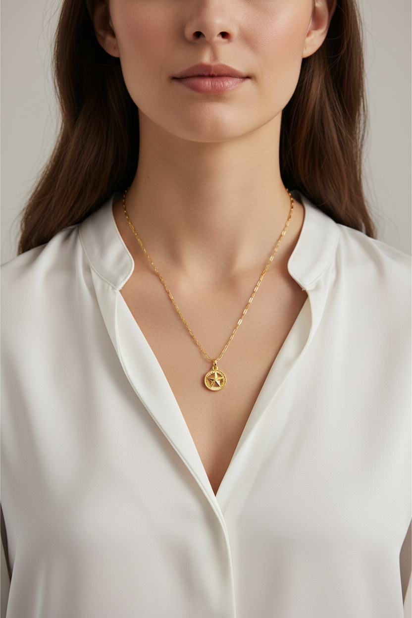 Woman wearing a gold necklace with a pendant against a neutral background