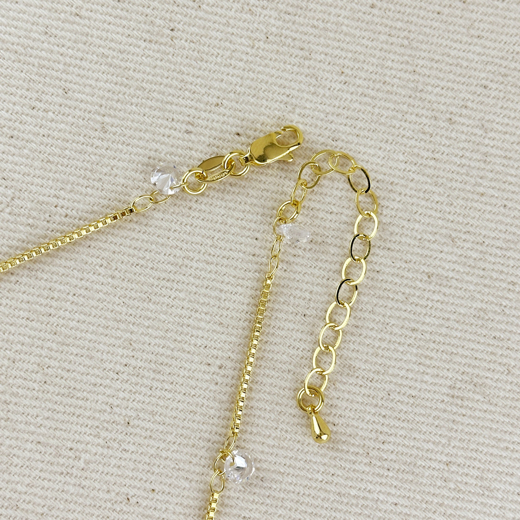 18k Gold Filled  Box Chain & Dangling CZ Stones Necklace