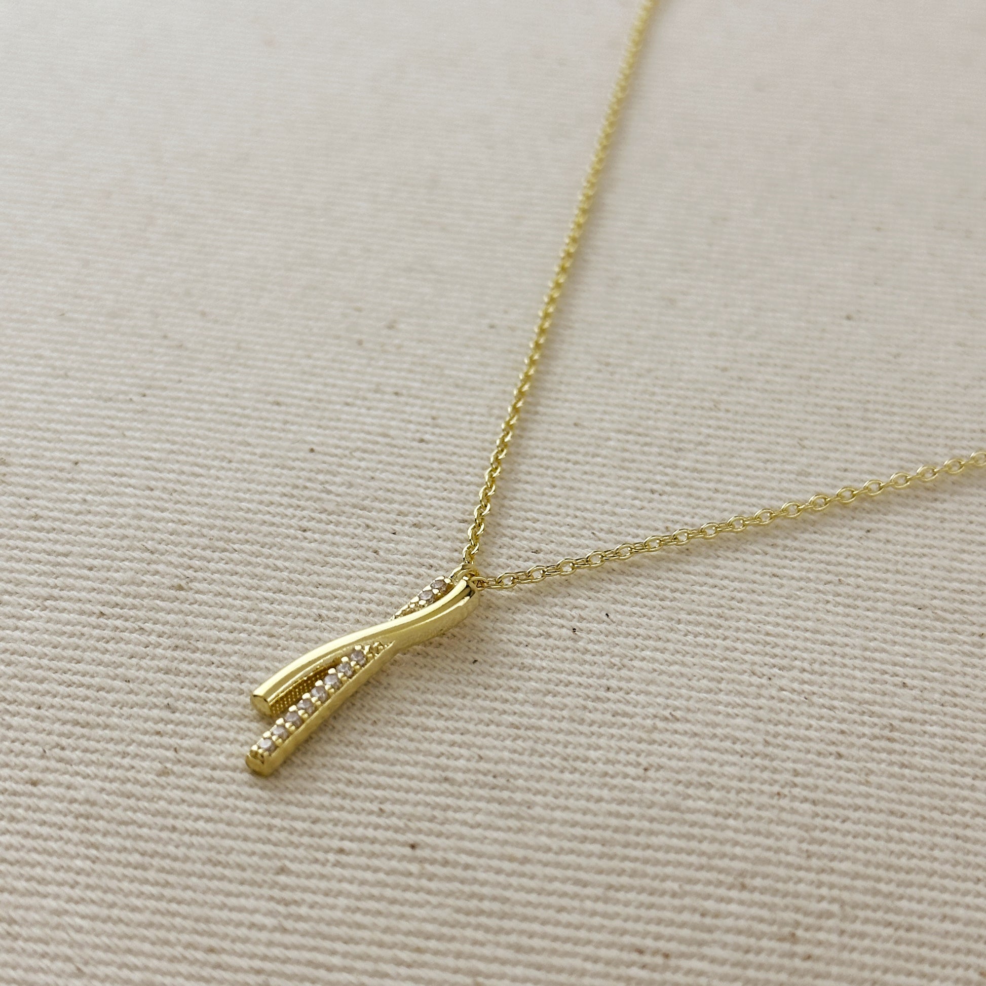 18k Gold Filled Curve Bar CZ Necklace