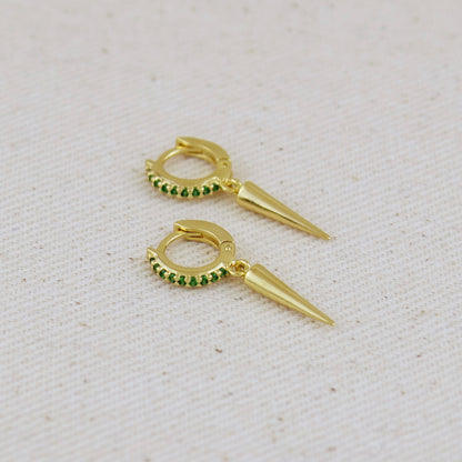 18k Gold Filled Emerald CZ Hoop Earrings With Spike Drop