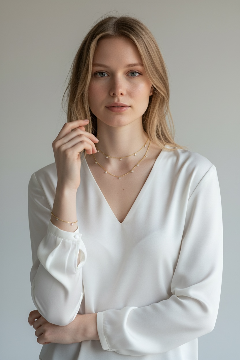 Woman wearing a white blouse and gold jewelry against a plain background