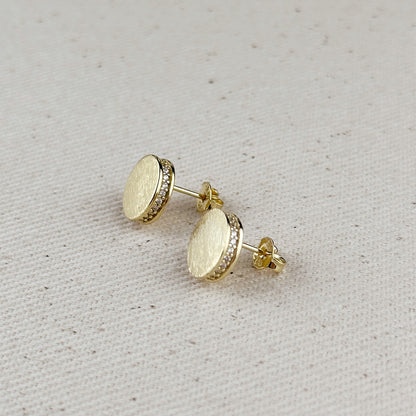 18k Gold Filled Brushed Button Stud Earrings With CZ Detail