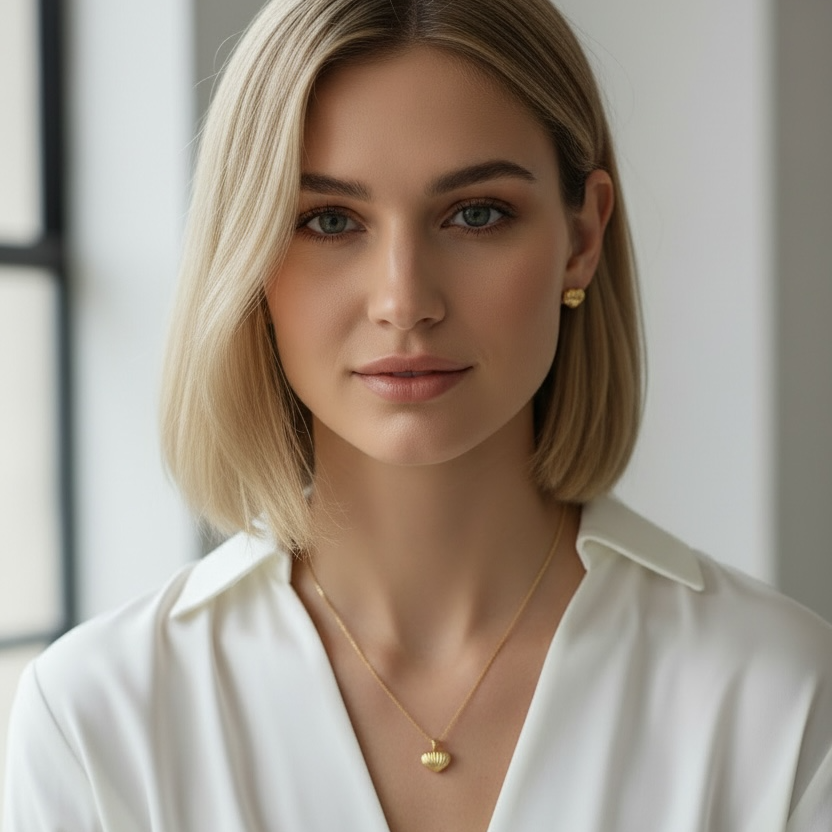 Woman wearing a white shirt and gold necklace with a blurred background