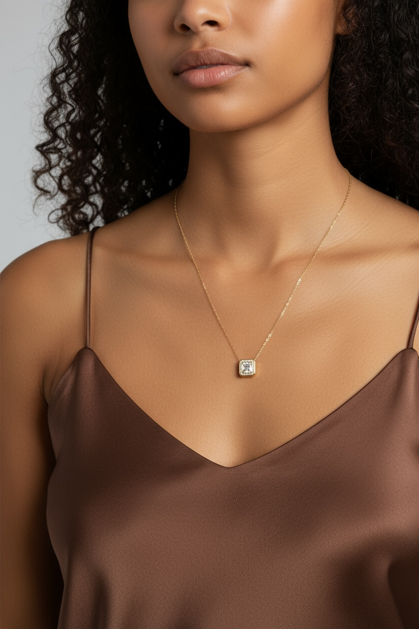 18K Gold Vermeil Bezel Princess Cut CZ Necklace