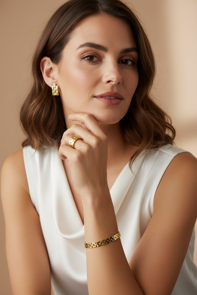 Woman wearing gold jewelry including earrings, ring, and bracelet against a beige background