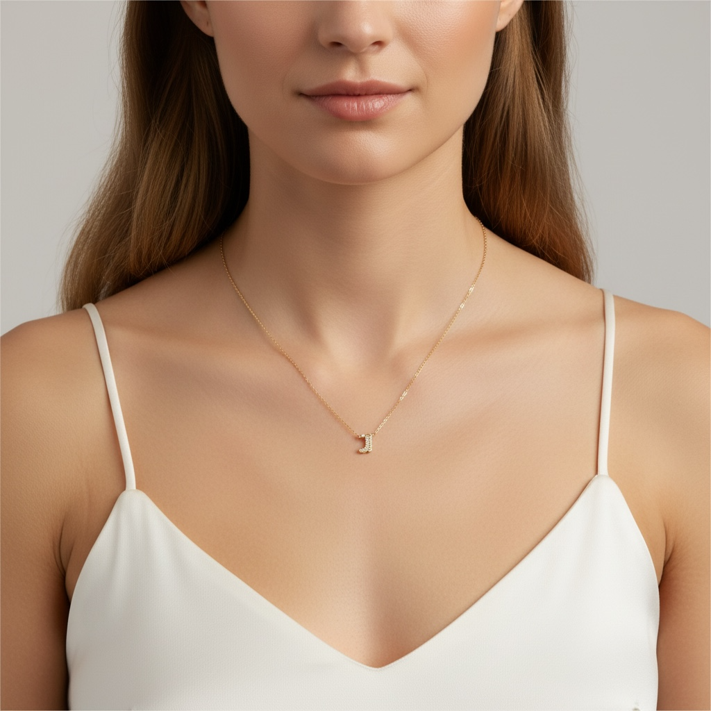 Woman wearing a gold necklace with a small pendant against a neutral background