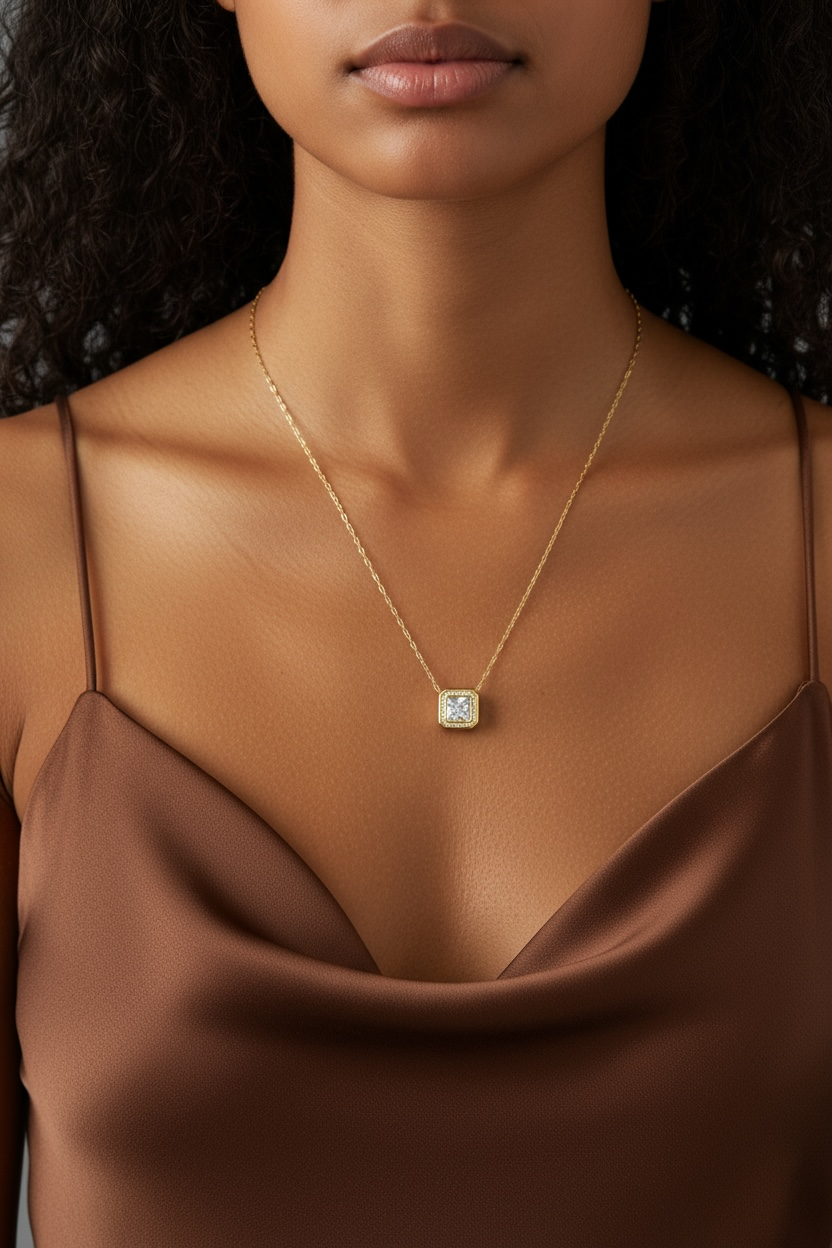 18K Gold Vermeil Bezel Princess Cut CZ Necklace