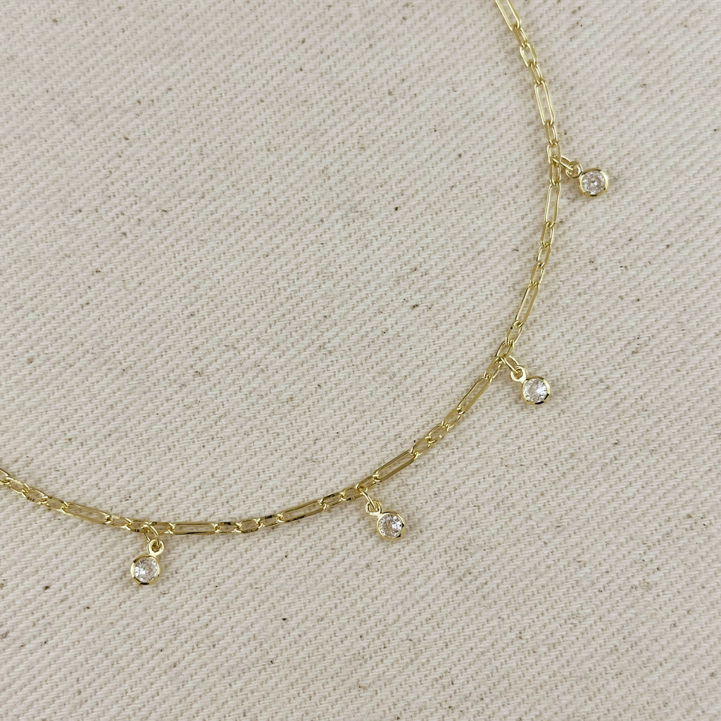 18k gold filled paperclip chain anklet with bezel CZ drops for modern ankle styling.