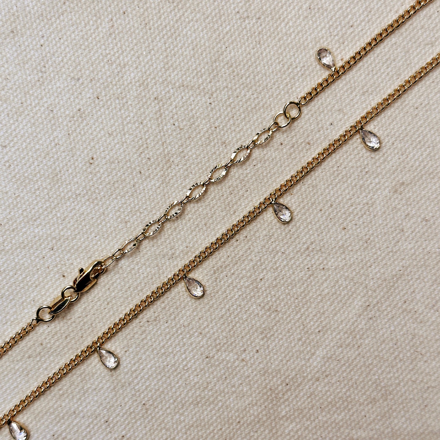 18k Gold Filled 2mm Curb Chain With Bezel CZ Drops Necklace