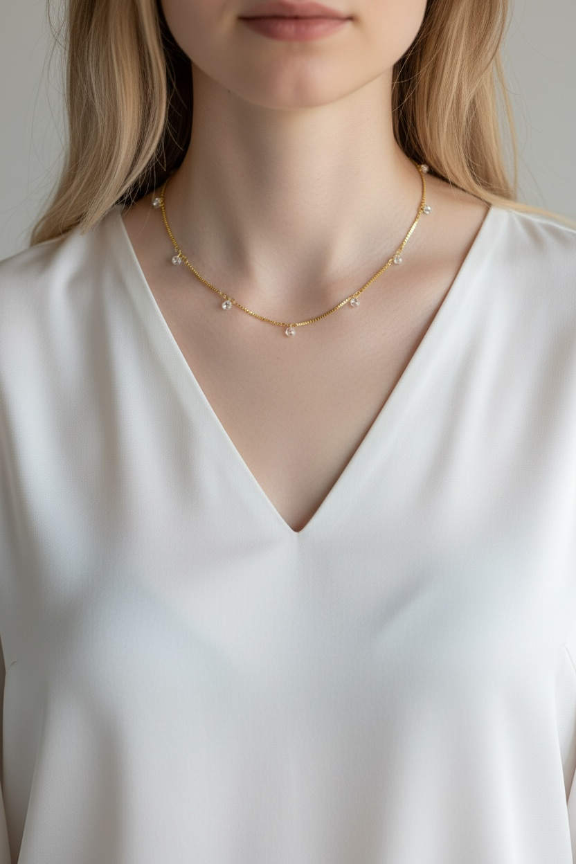 18k Gold Filled  Box Chain & Dangling CZ Stones Necklace