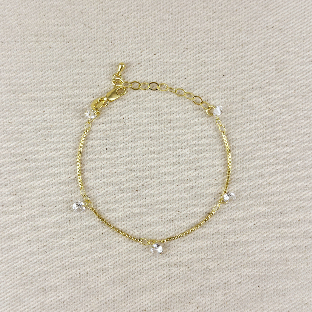 18K Gold Filled Box Chain & CZ Stones Bracelet