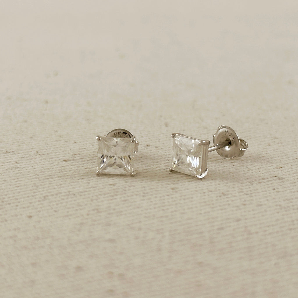 .925 Sterling Silver Rhodium Plated 6.0 mm Princess Cut Moissanite Stud