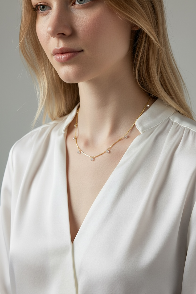 18k Gold Filled  Box Chain & Dangling CZ Stones Necklace