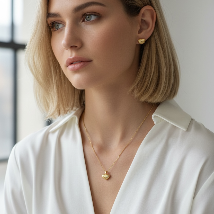Woman wearing a gold necklace with a heart pendant in a softly lit room.