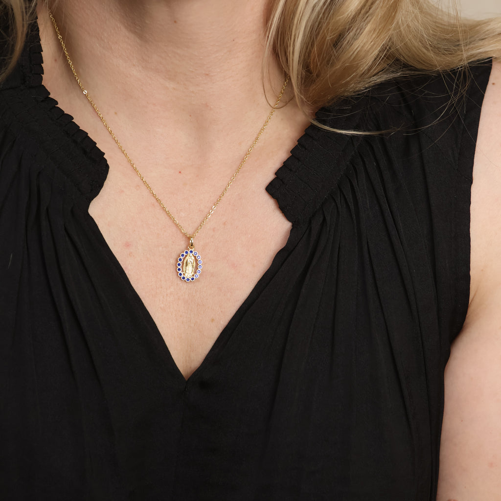 18k Gold Filled Lady of Guadalupe Pendant with Sapphire CZ Stones