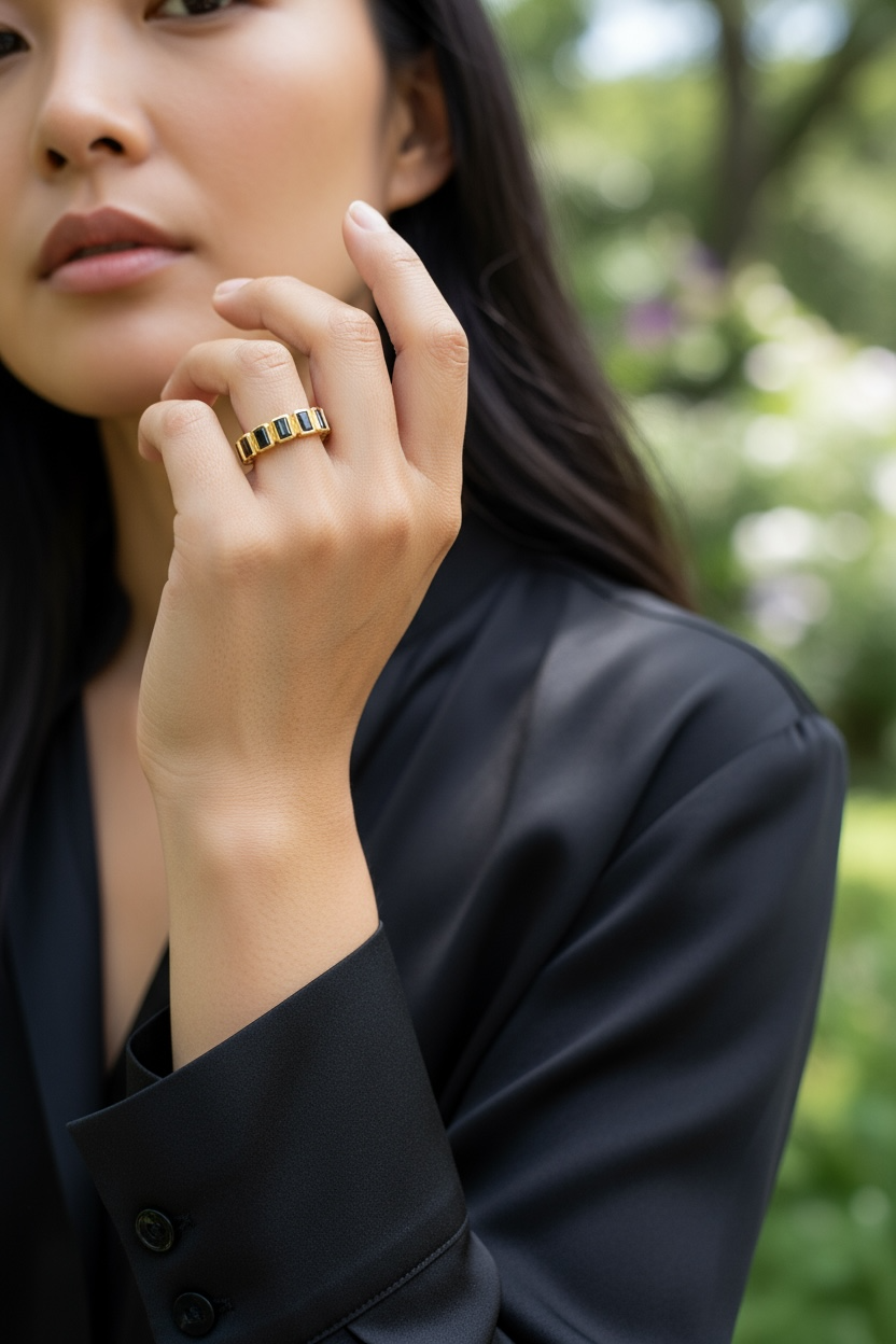 18k Gold Filled Chunky Black Onyx CZ Eternity Band Ring