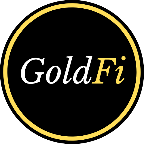 goldfi logo black circle with yellow border and gold in white and fi in yellow. Company sells gold filled jewelry, gold plated jewelry, vermeil jewelry, oro laminado joyas.