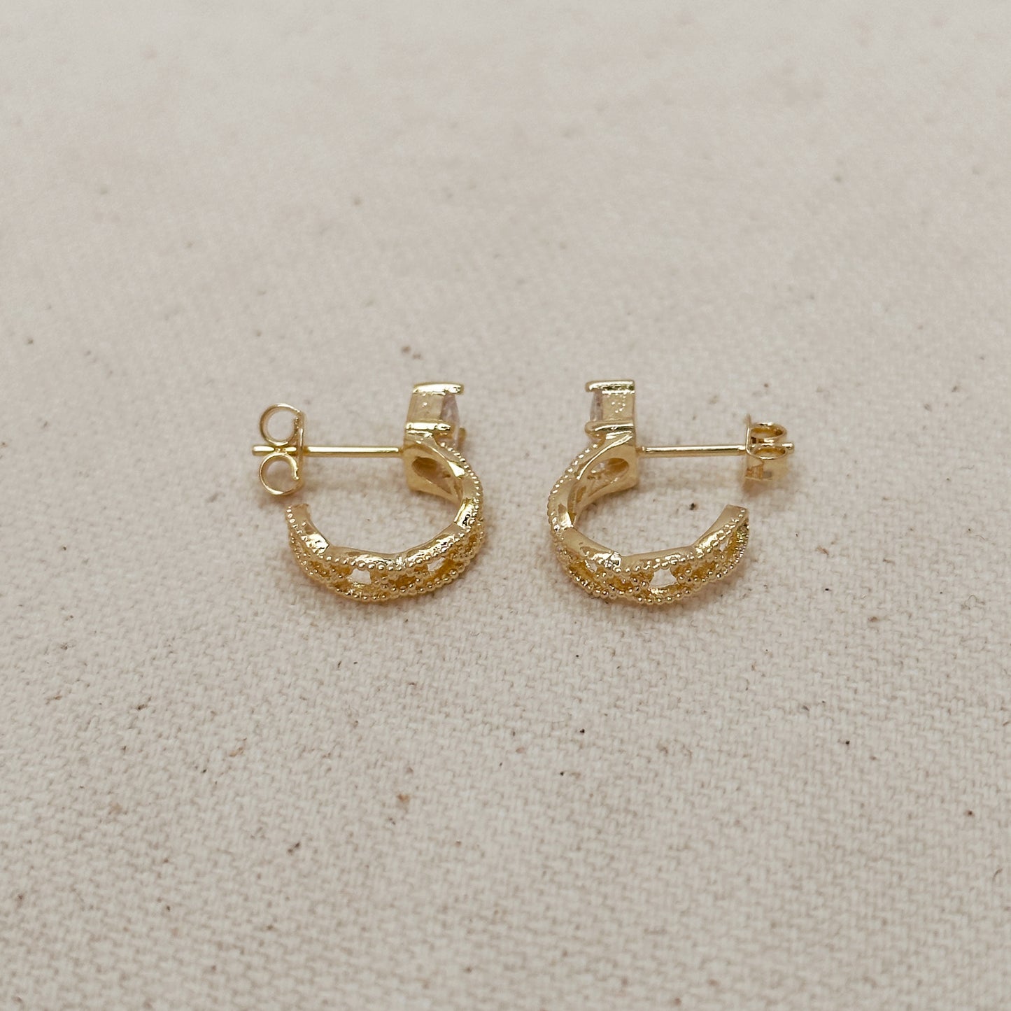 18k Gold Filled Vintage Princess Cut CZ Detailed C-Hoop Earrings